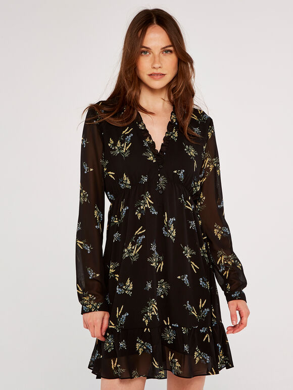 Floral Ruffle Mini Dress, Black, large