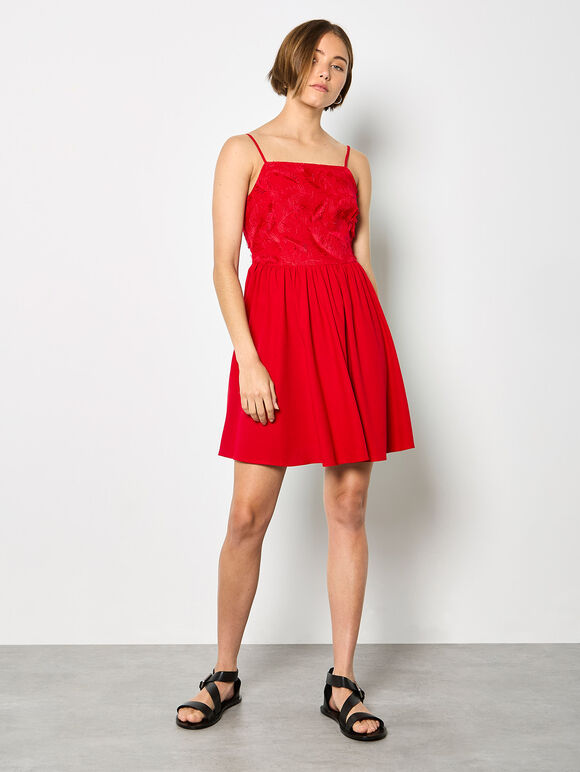 Eyelash Embroidered Cami Mini Dress, Red, large