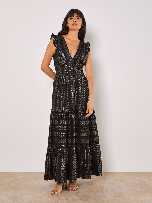 Metallic Embroidered Maxi Dress, Black, large