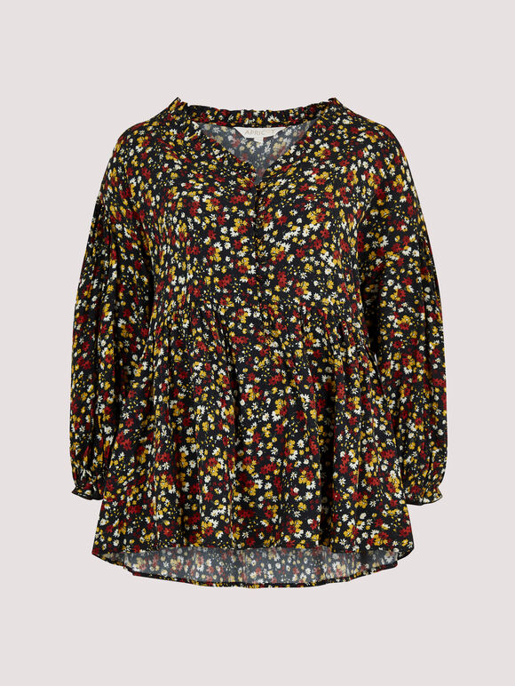 Oversized Ditsy Floral Top, Black, large