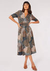 Feather Print Wrap Midi Dress, Green, large