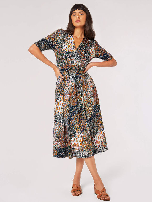 Feather Print Wrap Midi Dress, Green, large