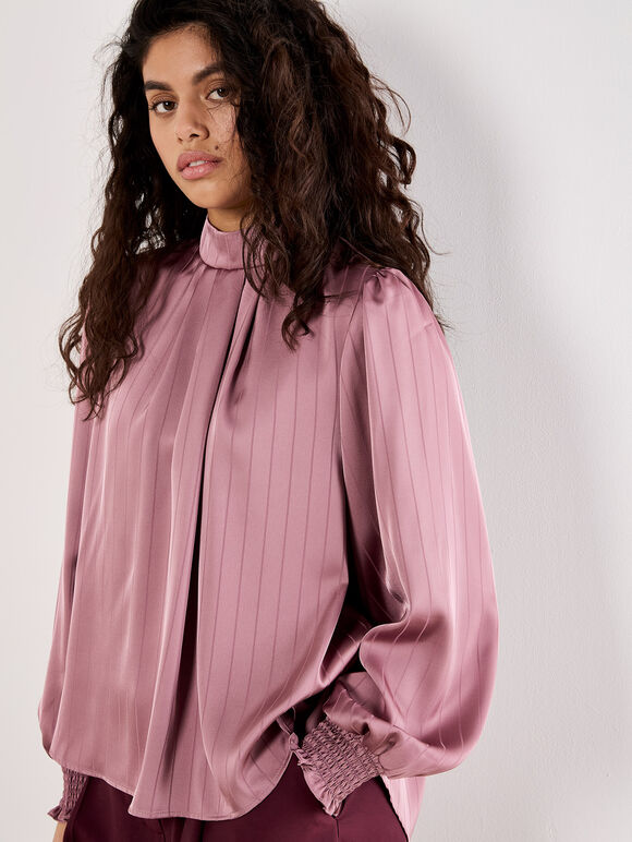 Satin Self-Stripe Tie Back Top, Purple, large