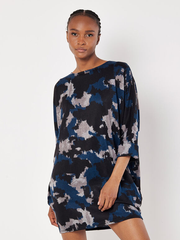 Paint Splash Jersey Knit Mini Dress, Navy, large