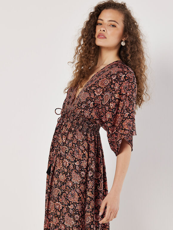 Foil Floral Paisley Satin Maxi Dress, Black, large