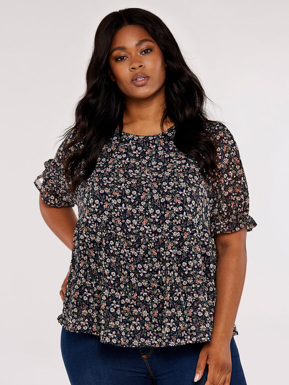 Curve Floral Ruffle Tiered Top, Navy, large