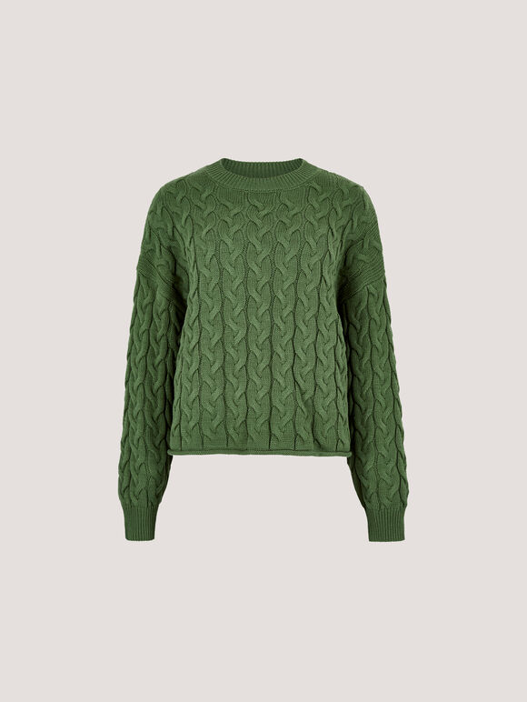 Cotton Blend Cable Knit Jumper, Green, large