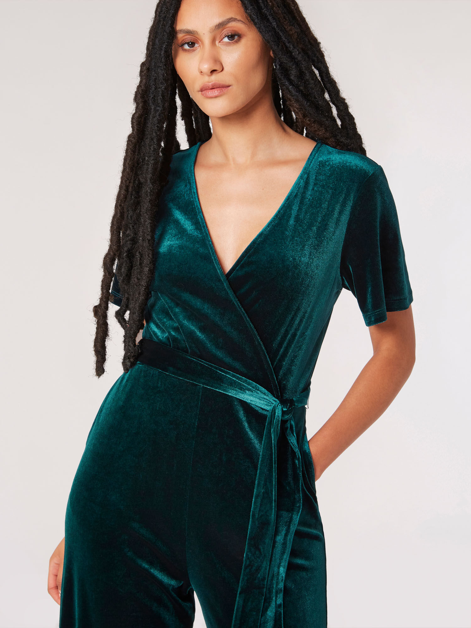 Velvet Wrap Culotte Jumpsuit Apricot Clothing