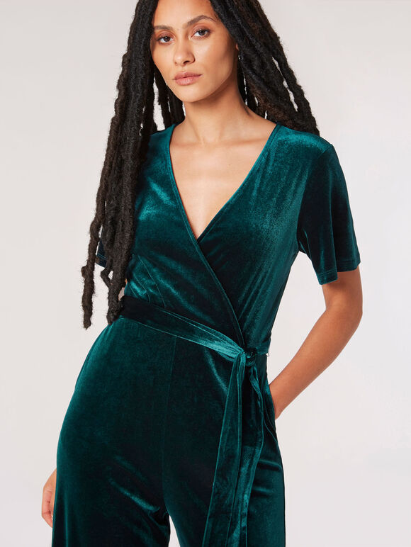 Velvet Wrap Culotte Jumpsuit, Green, large