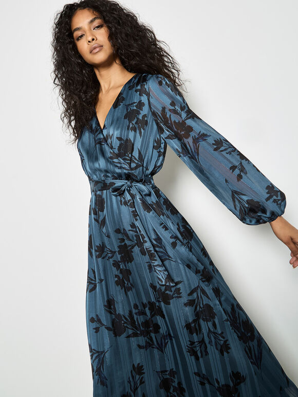 Satin Shimmer Floral Wrap Midaxi Dress, Blue, large