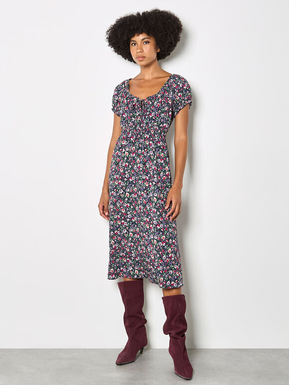 Ditsy Floral Milkmaid Midi Dress, Purple, large