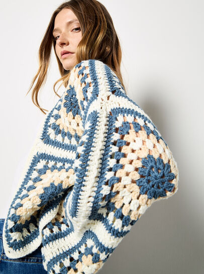 Hand-Knit Crochet Squares Cardigan