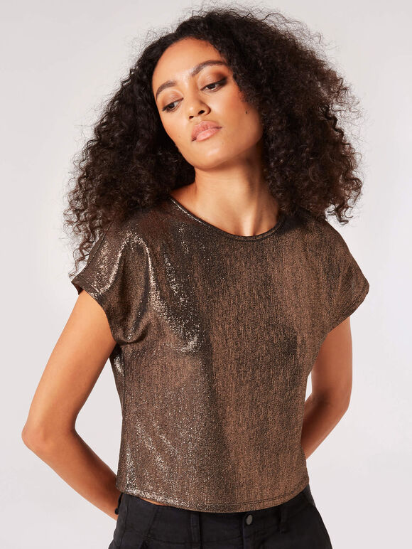 Metallic Cropped T-Shirt, Brown, large