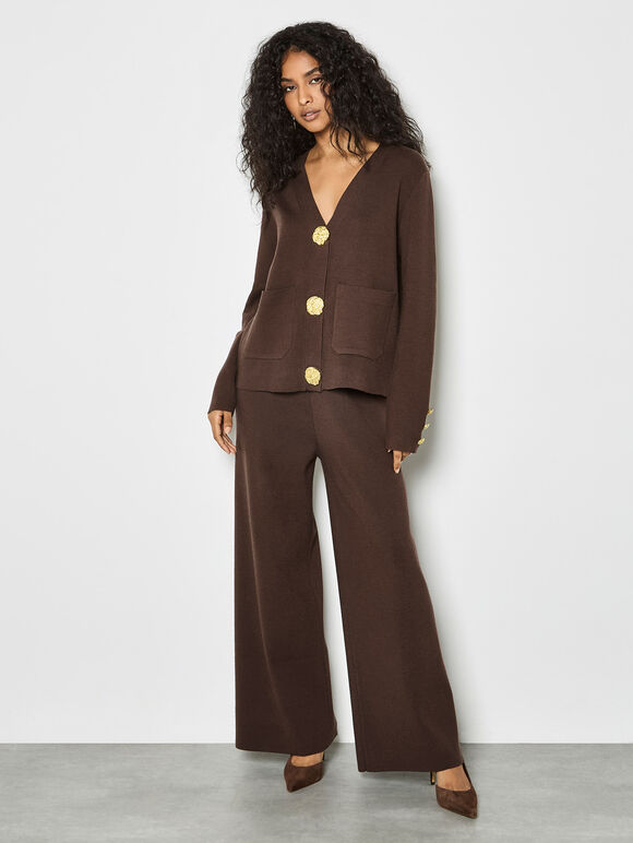 Soft Knit Wide Leg Trousers, Brown, large