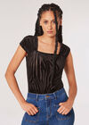 Zebra Ruched Shoulder Bodysuit, Black, large