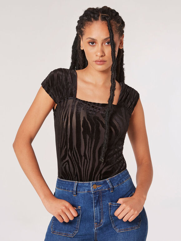 Zebra Ruched Shoulder Bodysuit, Black, large