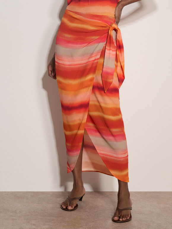 Watercolour Stripe Wrap Midi Skirt, Orange, large