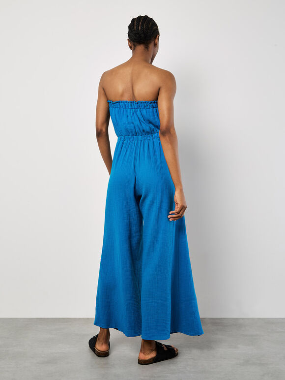 Cotton Wrap Bandeau Jumpsuit, Blue, large