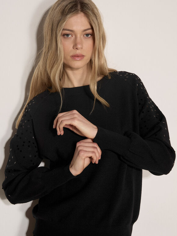 Sequin Sleeve Ribbed Knit Jumper, Black, large