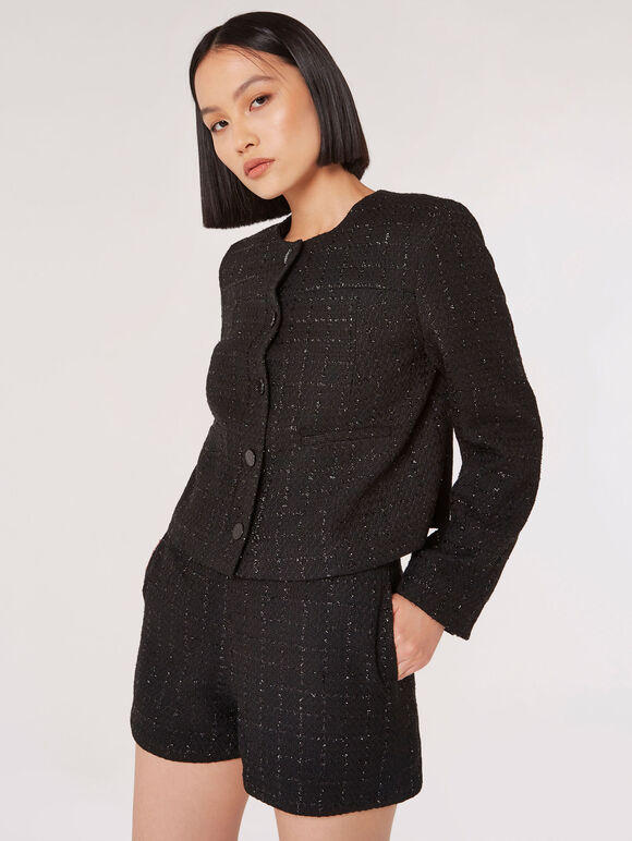 Metallic Sparkle Tailored Tweed Jacket, Black, large