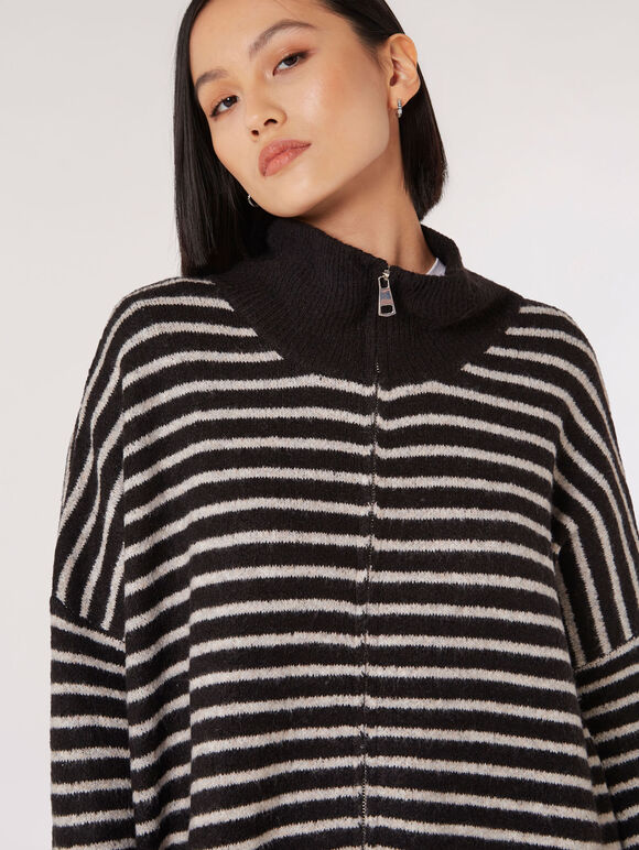 Stripe Knitted Longline Jumper, Black, large