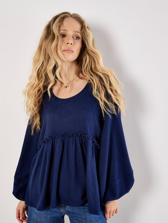 Waffle Knit Babydoll Oversized Top, Navy, large