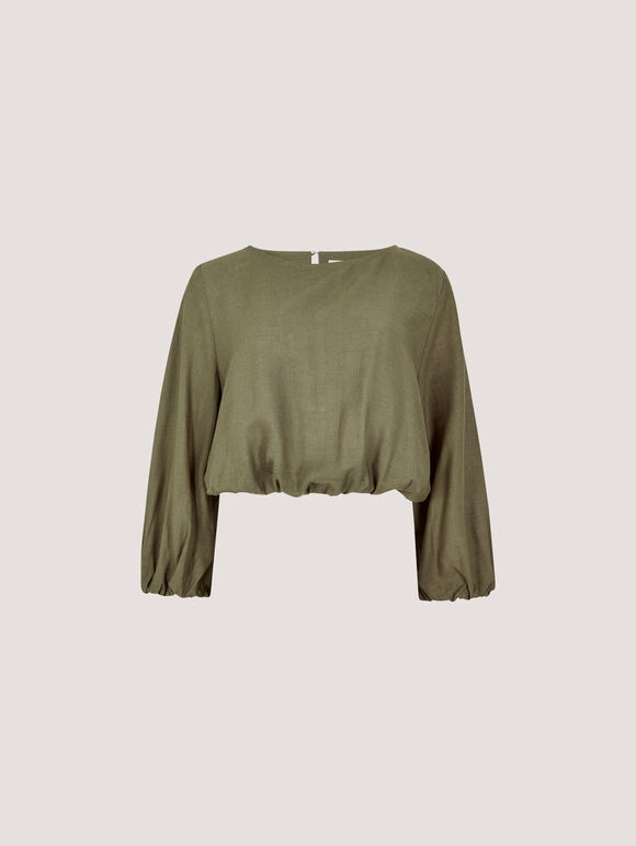 Linen Blend Bubble Hem Crop Top, Khaki, large
