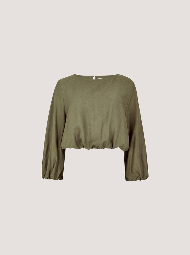 Linen Blend Bubble Hem Crop Top, Khaki, large
