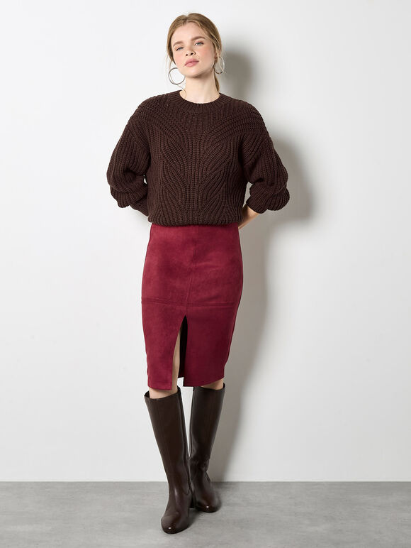 Split Front Suede Pencil Skirt, Burgundy, large