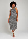 Black Leaf Ruffle Hem Midi Dress, Black, large