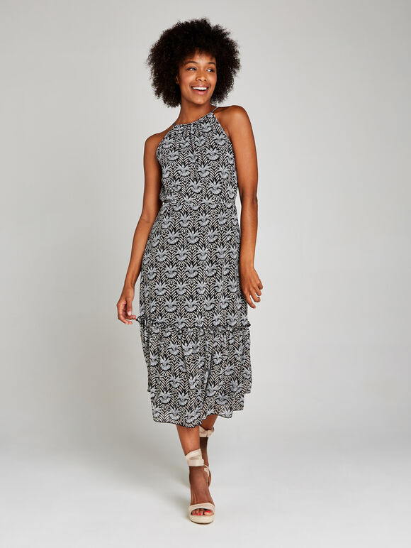 Black Leaf Ruffle Hem Midi Dress, Black, large