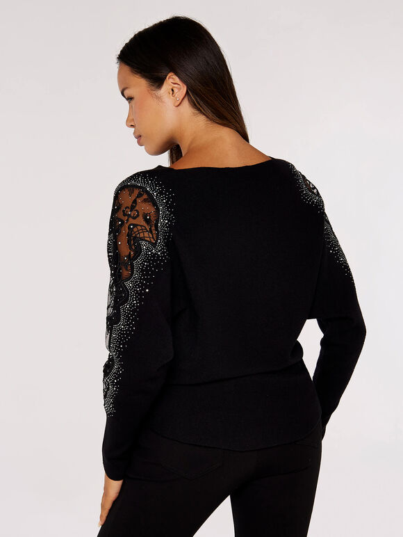Embellished Sleeve Batwing Jumper, Black, large