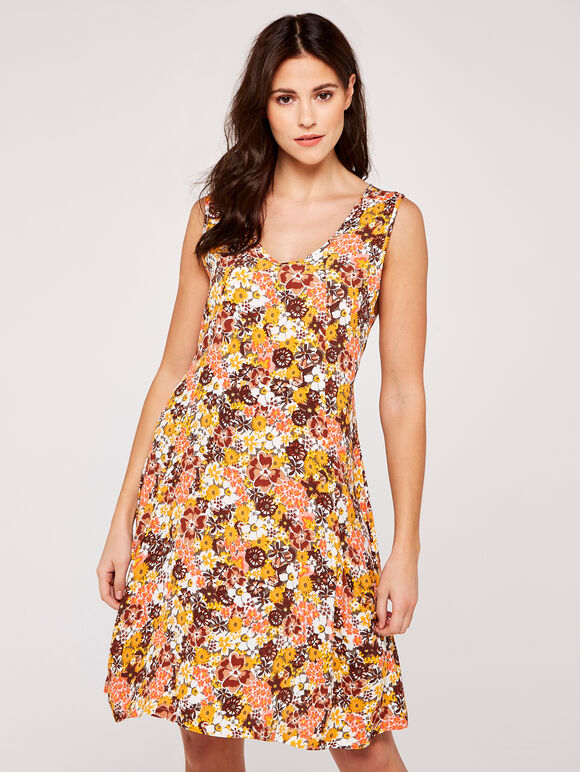 Vintage Floral V Neck Dress, Cream, large