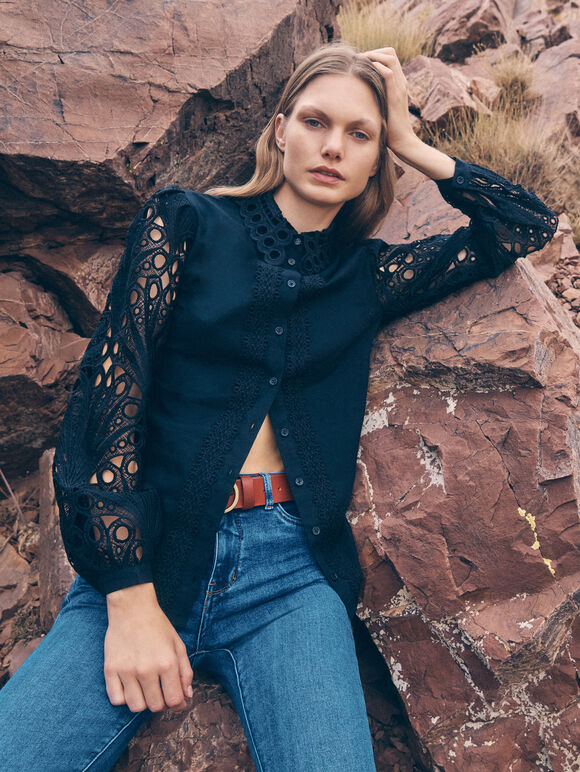 Lace Sleeve Cotton Shirt, Black, large
