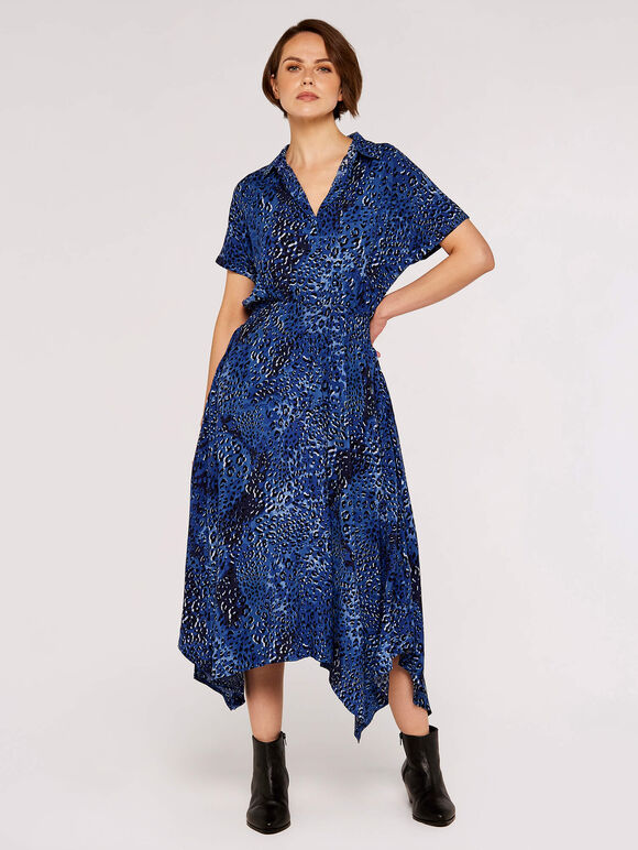 Leopard Print Shirt Midi Dress, Blue, large
