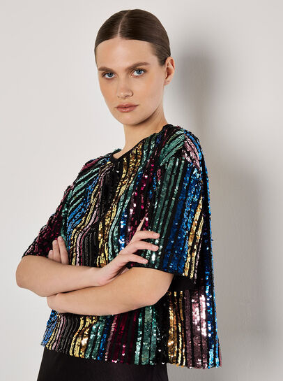 Rainbow Sequin Stripe Crop T-Shirt