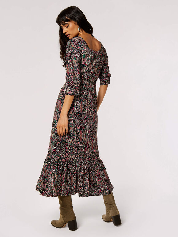 Paisley Print Midi Dress, Black, large