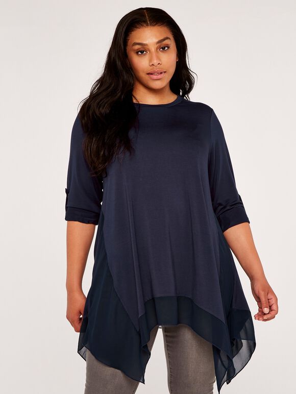 Curve Waterfall Hem Roll Sleeve Top, Navy, large