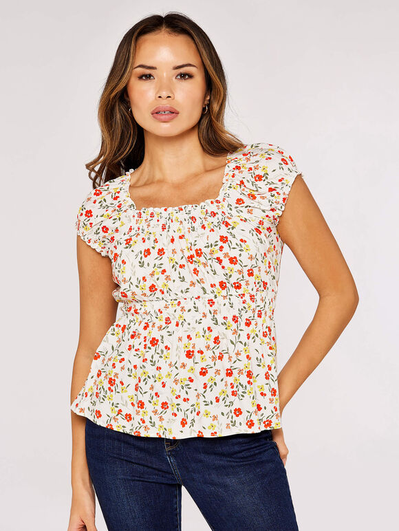 Ditsy Milkmaid Top, Cream, large