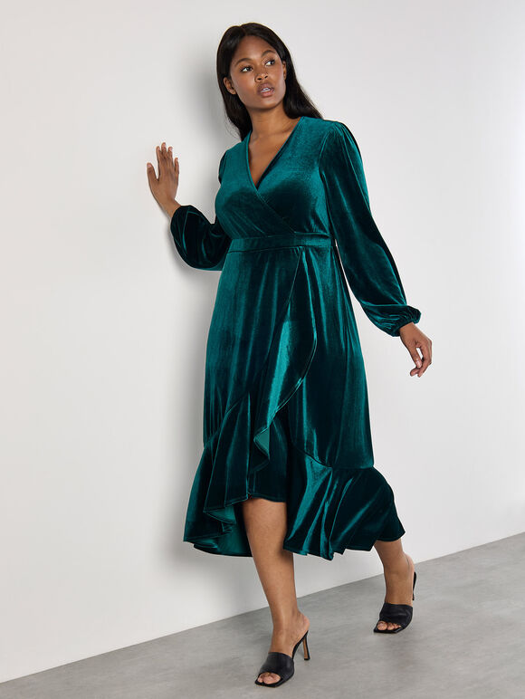 Curve Velvet Wrap Midi Dress, Green, large