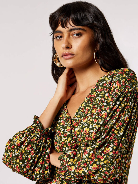 Oversized Ditsy Floral Top, Khaki, large