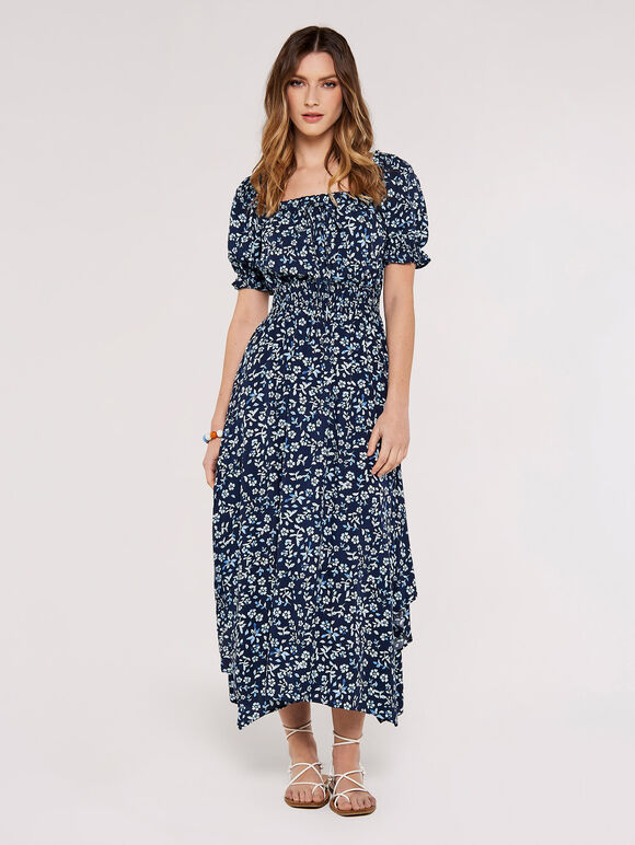 Sarasa Floral Milkmaid Midi Dress, Navy, large