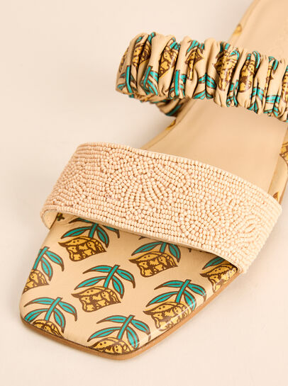 Floral Print Beaded Leather Sandals