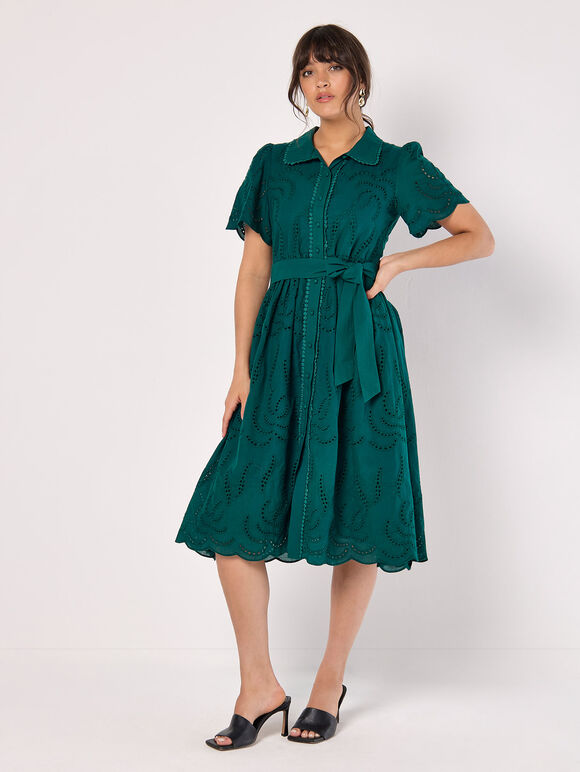 Cotton Broderie Midi Dress, Green, large