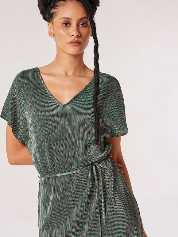 Plisse V Neck Dress, Green, large