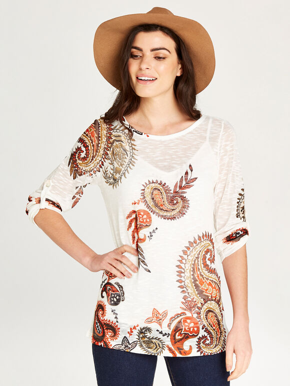 Paisley Placement 3/4 Sleeve Top, Orange, large