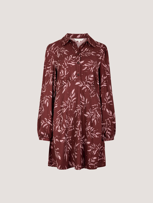 Leaf Print Shirt Mini Dress, Burgundy, large