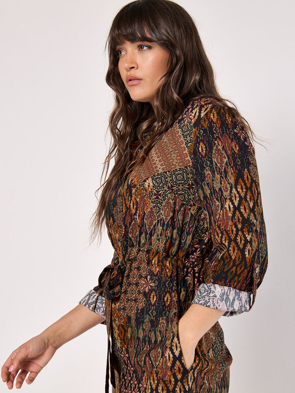 Patchwork Ikat Shirt Mini Dress, Black, large