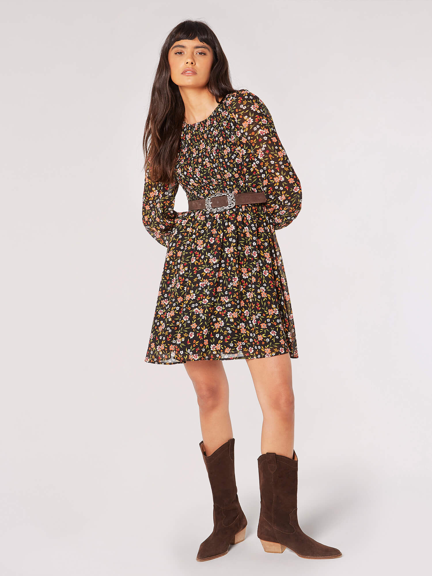Apricot floral leaf check skater dress best sale