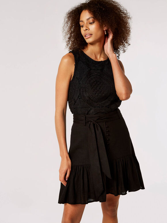 Linen Blend Button-Down Mini Skirt, Black, large